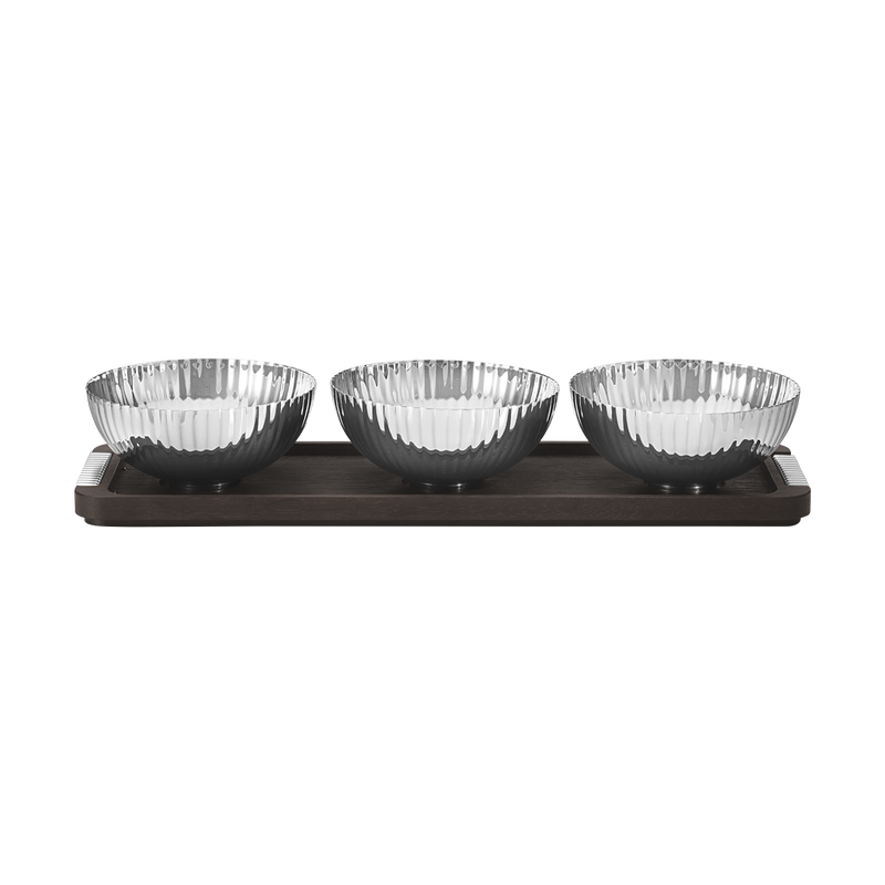 BERNADOTTE Triple Bowl Set in Stand Wood Tray, Stainless Steel Handles